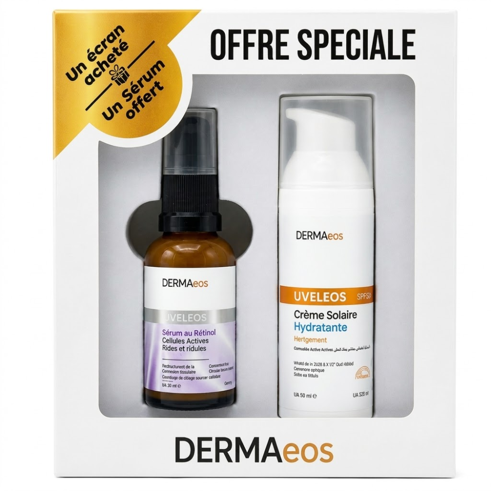 DERMAeos Pack Rétinol + UVELEOS SPF50+ – Sérum Anti-Rides & Protection Solaire – Pharmacie Djeddi