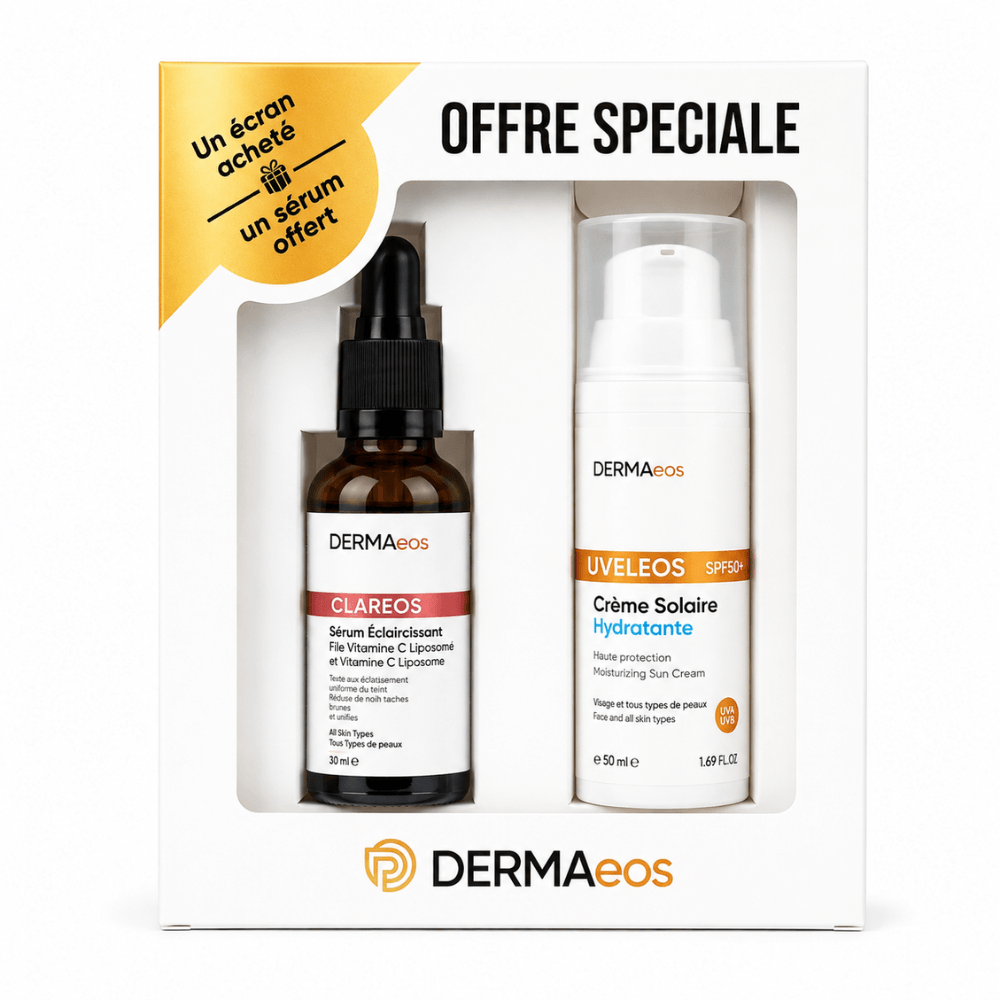 DERMAeos Pack ClarEOS Vitamine C + UVELEOS SPF50+ – Soin Éclat & Protection Solaire – Pharmacie Djeddi