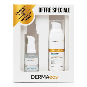 DERMAeos Pack UVELEOS SPF50+ + Sérum Acide Hyaluronique – Hydratation &Protection Solaire – Pharmacie Djeddi