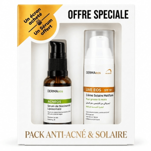 DERMAeos Pack Anti-Acné & Solaire – Sérum Niacinamide + UVELEOS SPF50+ – Pharmacie Djeddi