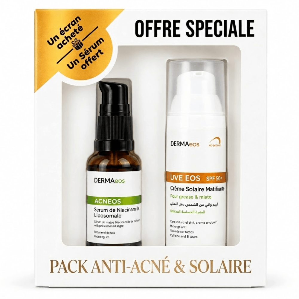DERMAeos Pack Anti-Acné & Solaire – Sérum Niacinamide + UVELEOS SPF50+ – Pharmacie Djeddi